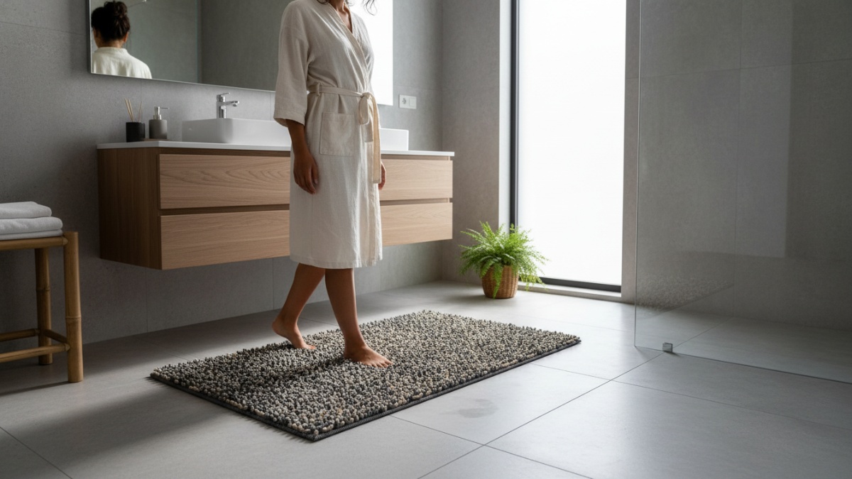 Visual ketebalan karpet 1&ndash;2 cm dengan tekstur padat dan cepat kering. 