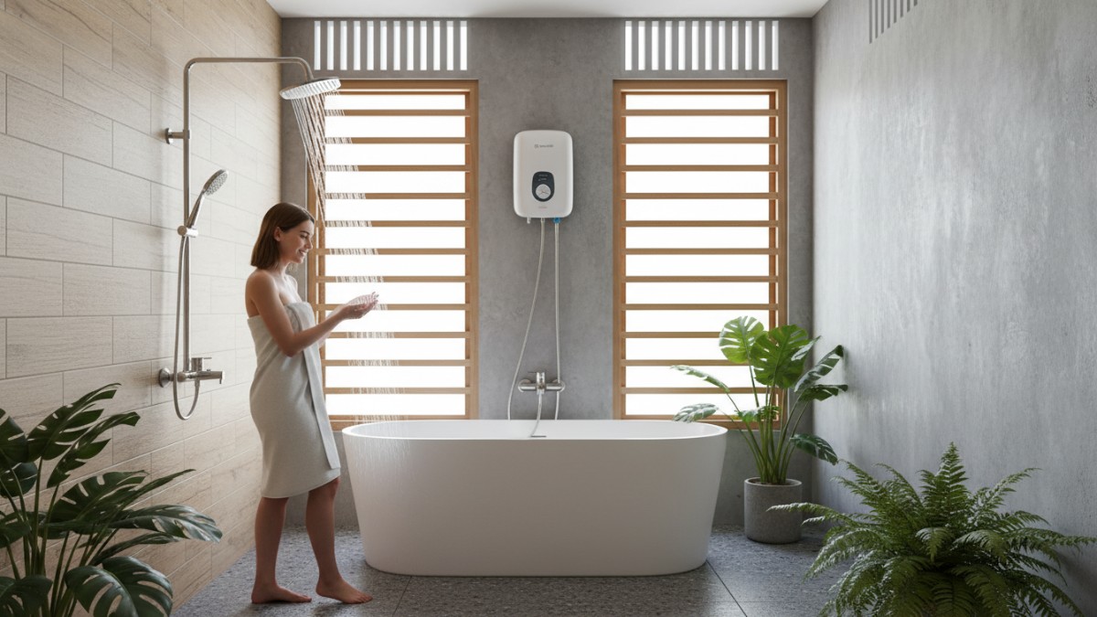 Ilustrasi water heater gas terpasang di kamar mandi rumah tropis dengan ventilasi memadai.