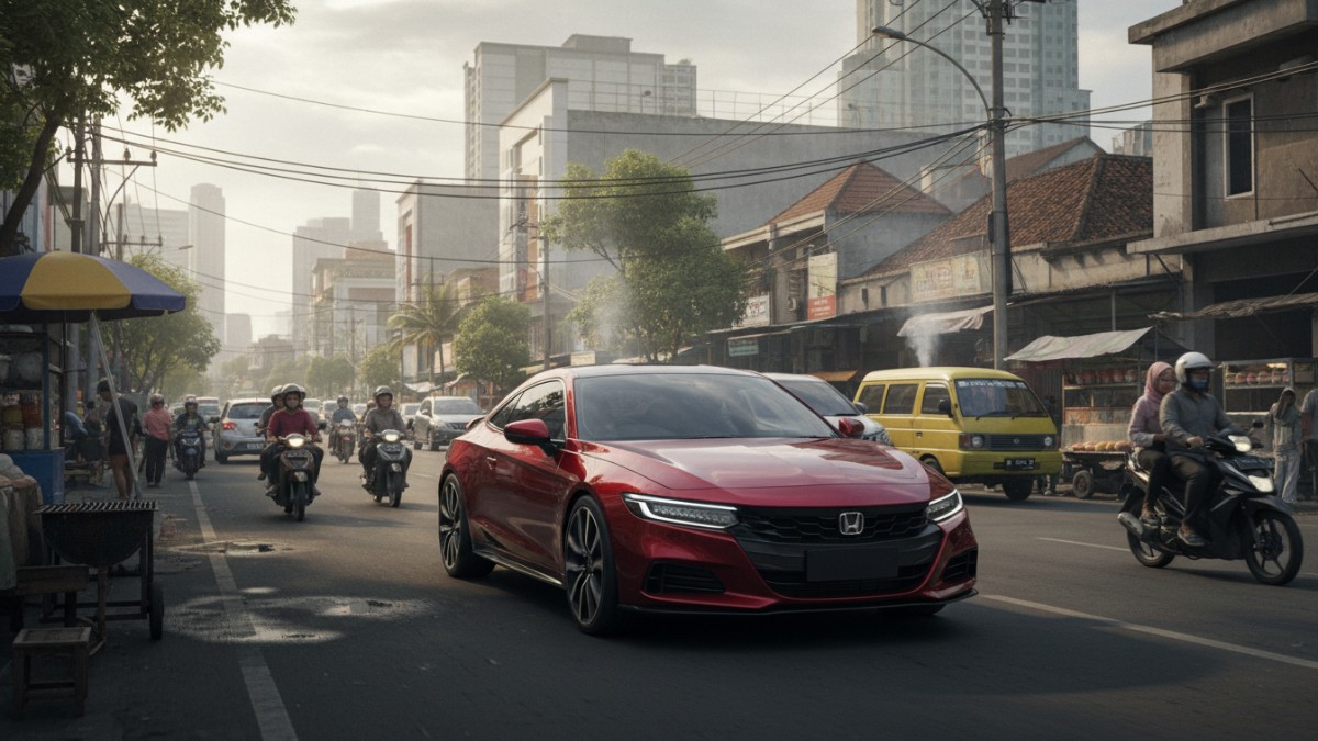 Tampilan sporty Honda Prelude 2026 hybrid di jalan kota berkembang Indonesia yang padat mobilitas.