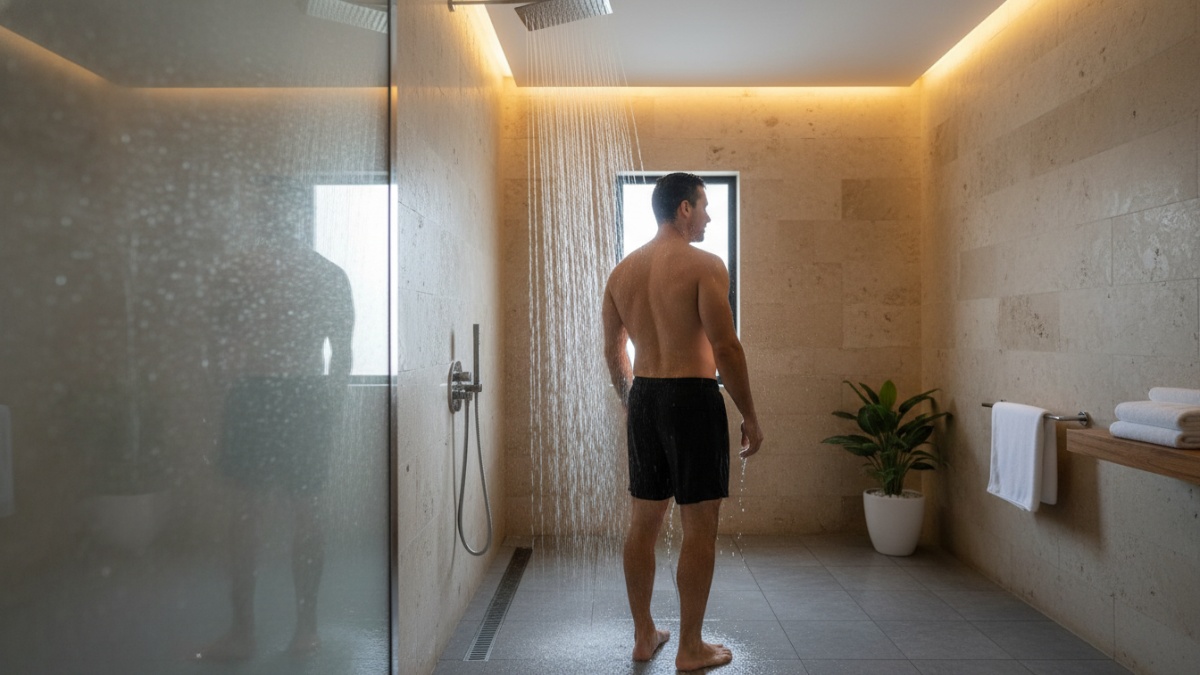Shower menyala dengan aliran stabil sesuai kapasitas liter per menit.