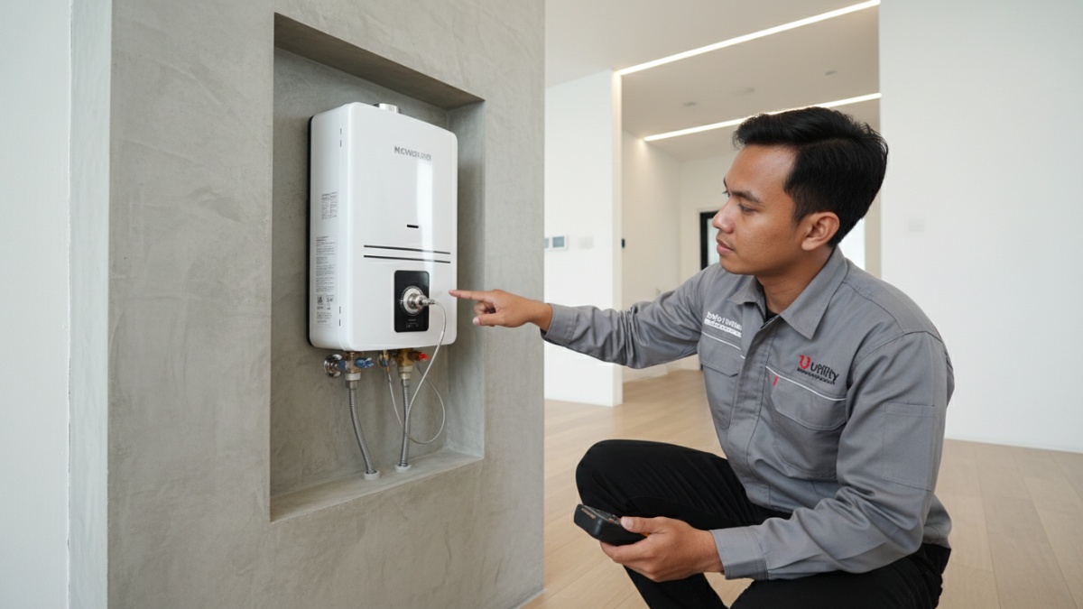 Detail fitur keamanan FFD pada panel water heater gas.