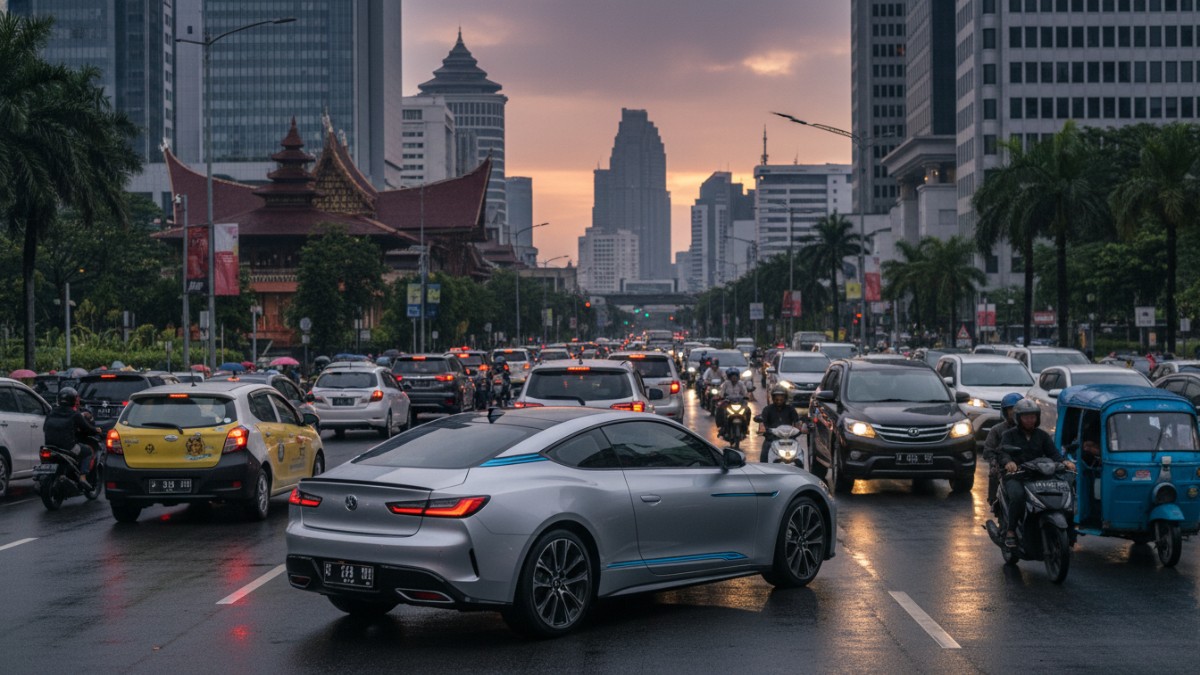 Coupe hybrid melaju di lalu lintas perkotaan dengan kondisi stop-and-go.