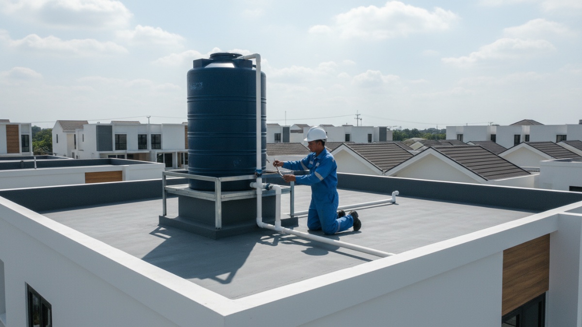 Instalasi unit dengan toren air di atap rumah.
