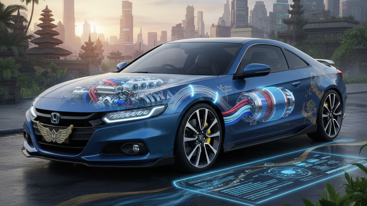 Detail sistem mesin bensin dan motor listrik pada mobil hybrid modern.