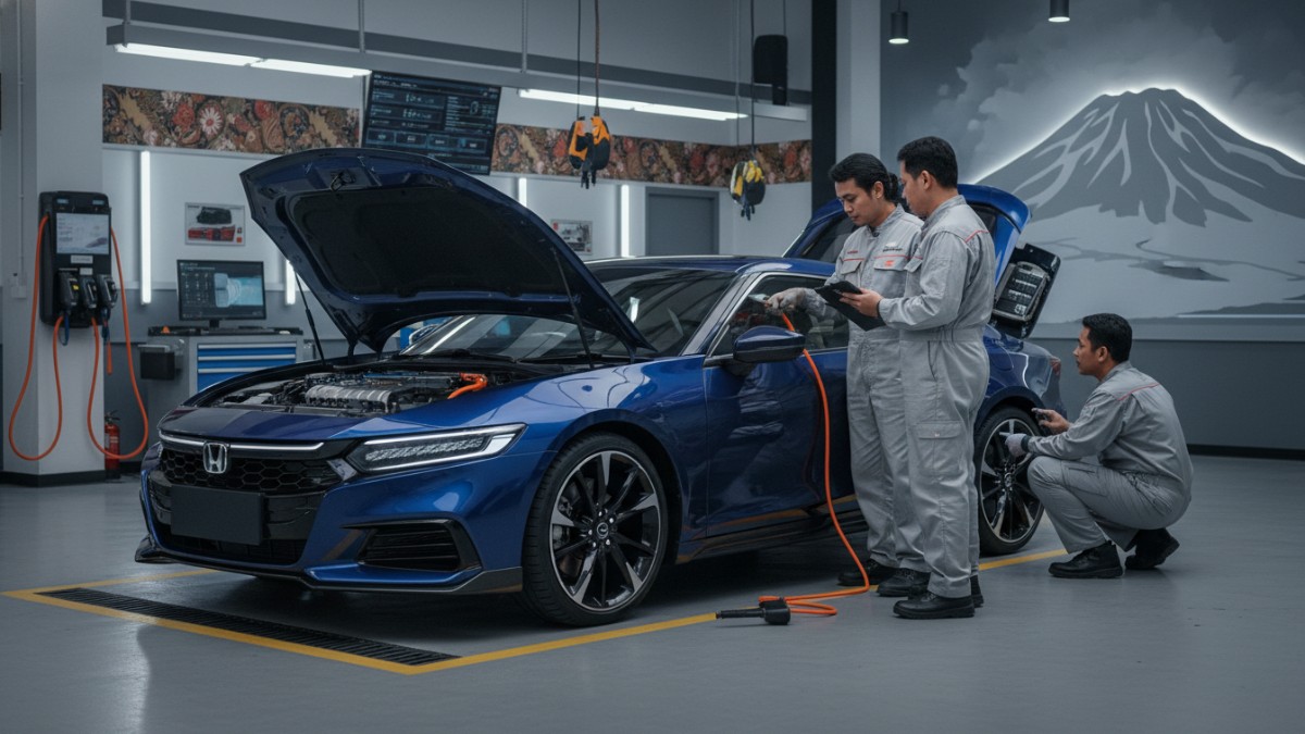 Bengkel servis kendaraan dengan teknisi khusus sistem hybrid.
