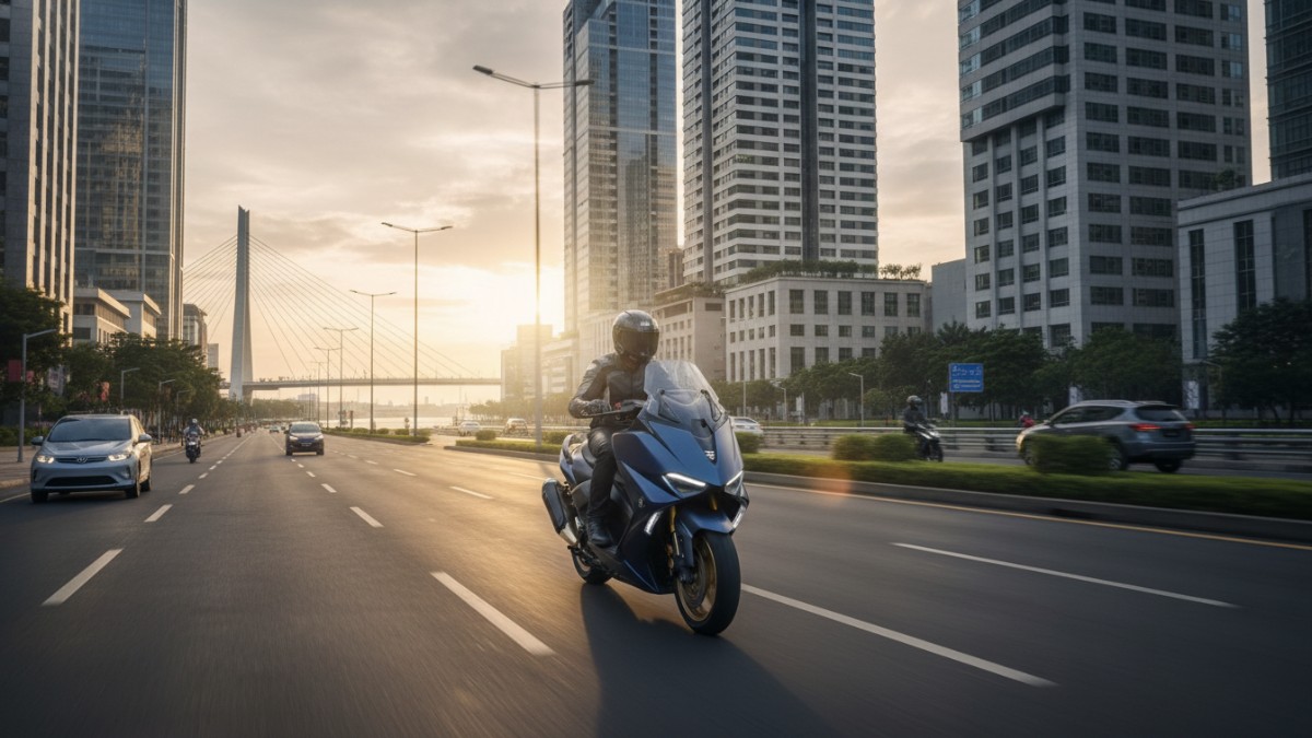  Skutik premium Yamaha TMAX 2026 melaju di jalan kota Balikpapan dengan nuansa mobilitas modern.  