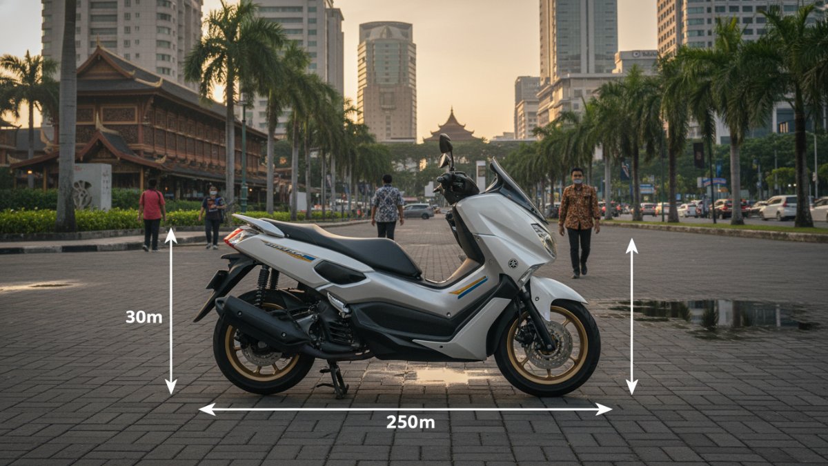 ampilan dimensi skutik premium di area parkir perkotaan.