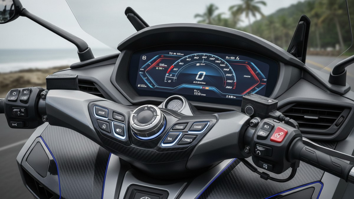 Panel fitur elektronik modern pada Yamaha TMAX 2026. 