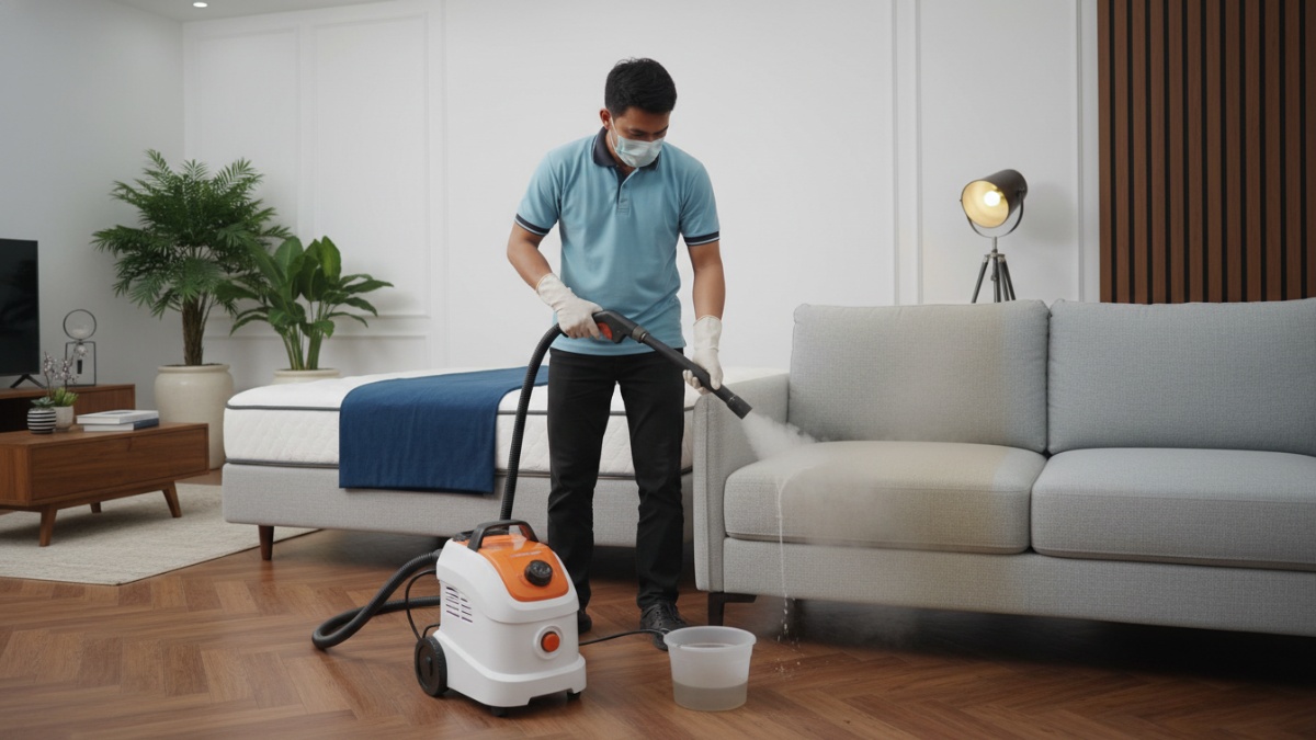 Proses steam cleaner suhu tinggi membersihkan permukaan kasur dan sofa kain.