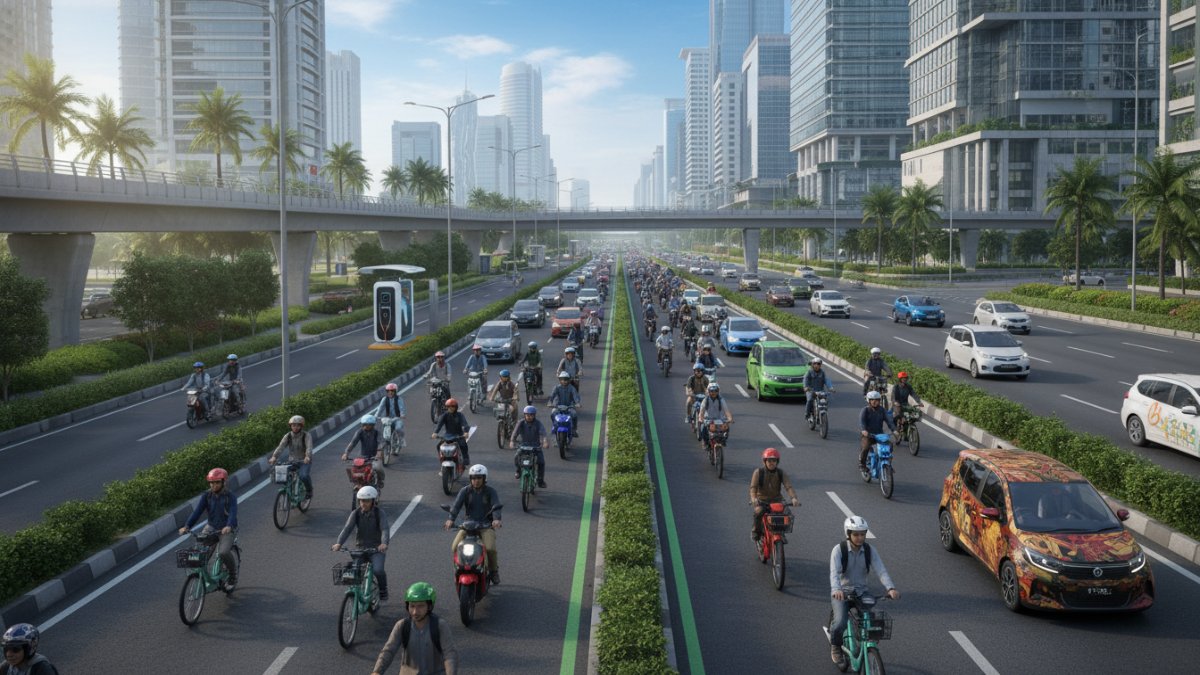 Aktivitas harian pekerja kota dengan kendaraan listrik di jalur padat.