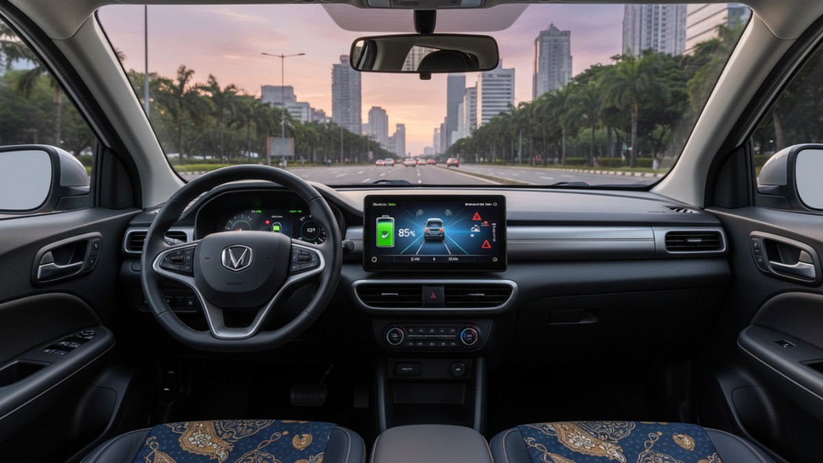 Panel indikator baterai dan fitur keselamatan mobil listrik perkotaan.