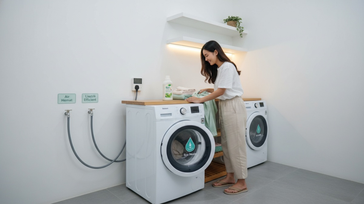 Ilustrasi mesin cuci modern di ruang laundry rumah, menggambarkan teknik penggunaan hemat listrik dan air untuk hunian masa kini.