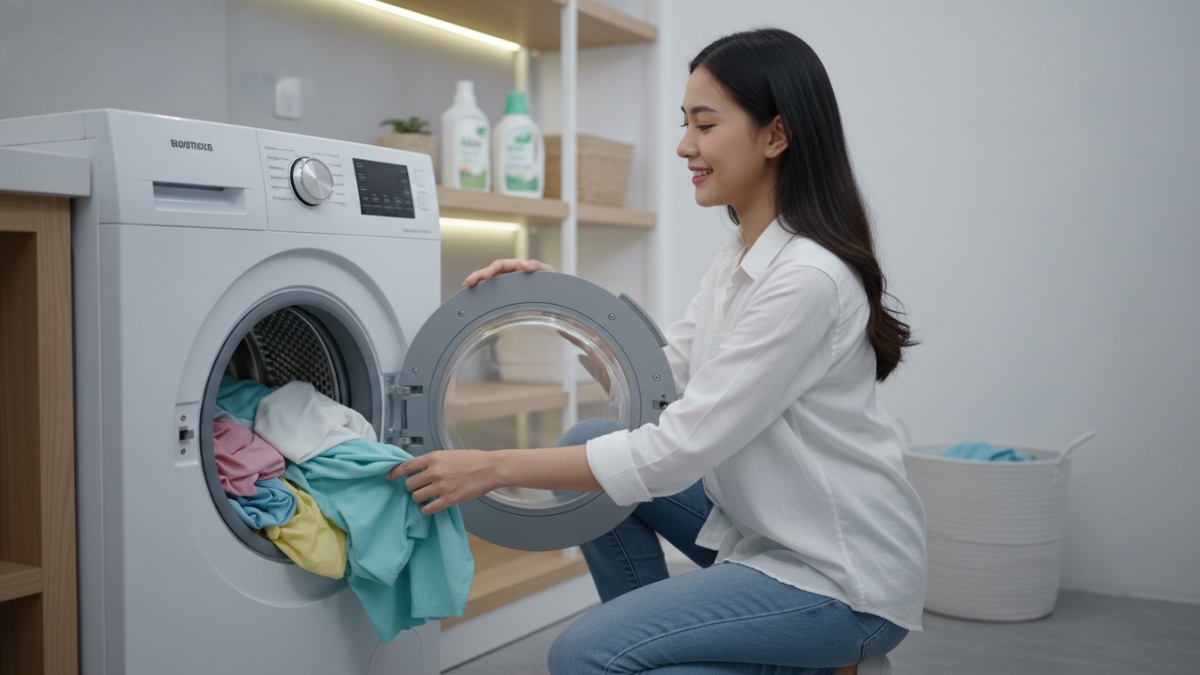 Drum mesin cuci terisi 75&ndash;80 persen sebagai contoh muatan ideal agar hasil cucian maksimal.