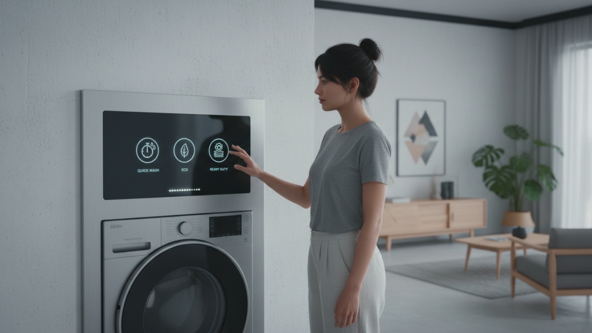 Panel mesin cuci dengan pilihan mode quick wash, eco, dan heavy duty untuk edukasi fungsi program.