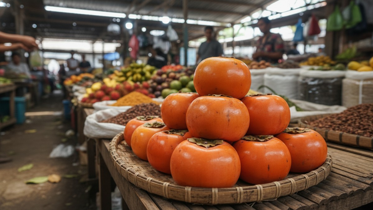 Buah kesemek matang di Pasar Klandasan Balikpapan dengan lapisan putih khas, simbol buah lokal kaya nutrisi.