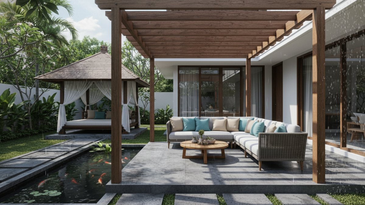 Struktur gazebo dan pergola di halaman rumah tropis, perbandingan fungsi peneduh outdoor Cess
