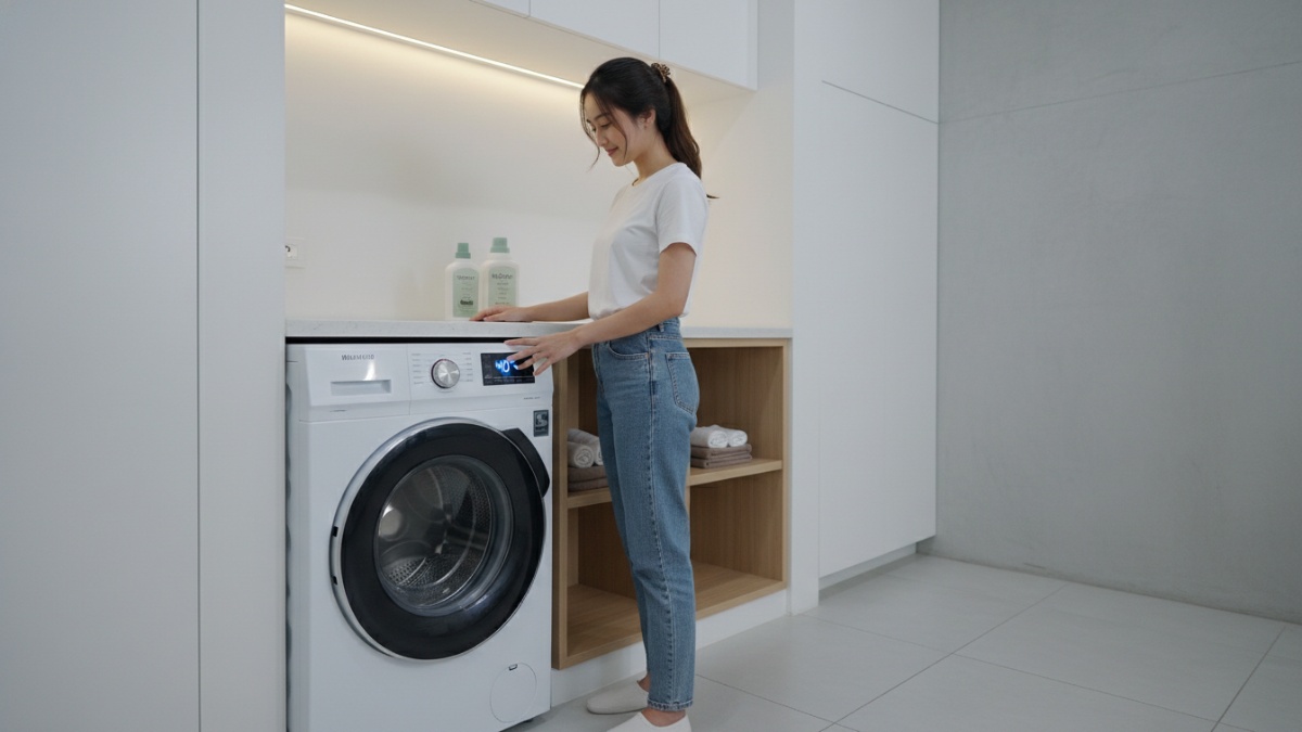 Pengaturan suhu 40&deg;C pada mesin cuci front loading untuk efisiensi energi rumah tangga.