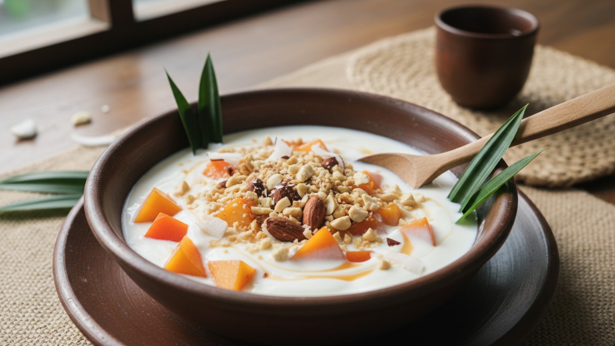 Potongan kesemek dicampur yogurt dan kacang sebagai contoh kombinasi nutrisi seimbang.