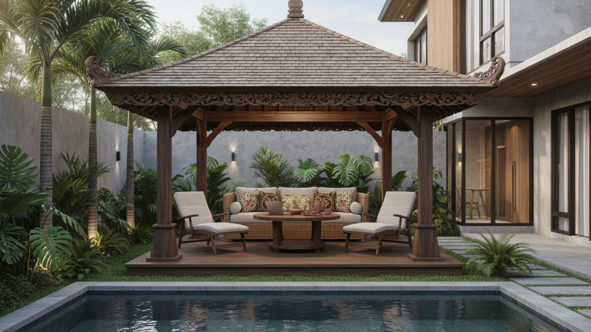 Contoh gazebo beratap penuh untuk area duduk lama keluarga di pekarangan Cess