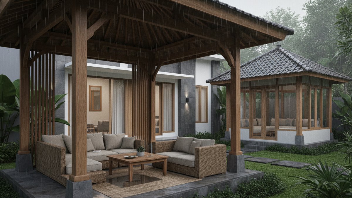 Pergola dengan bilah cahaya sebagai filter matahari taman samping rumah Cess