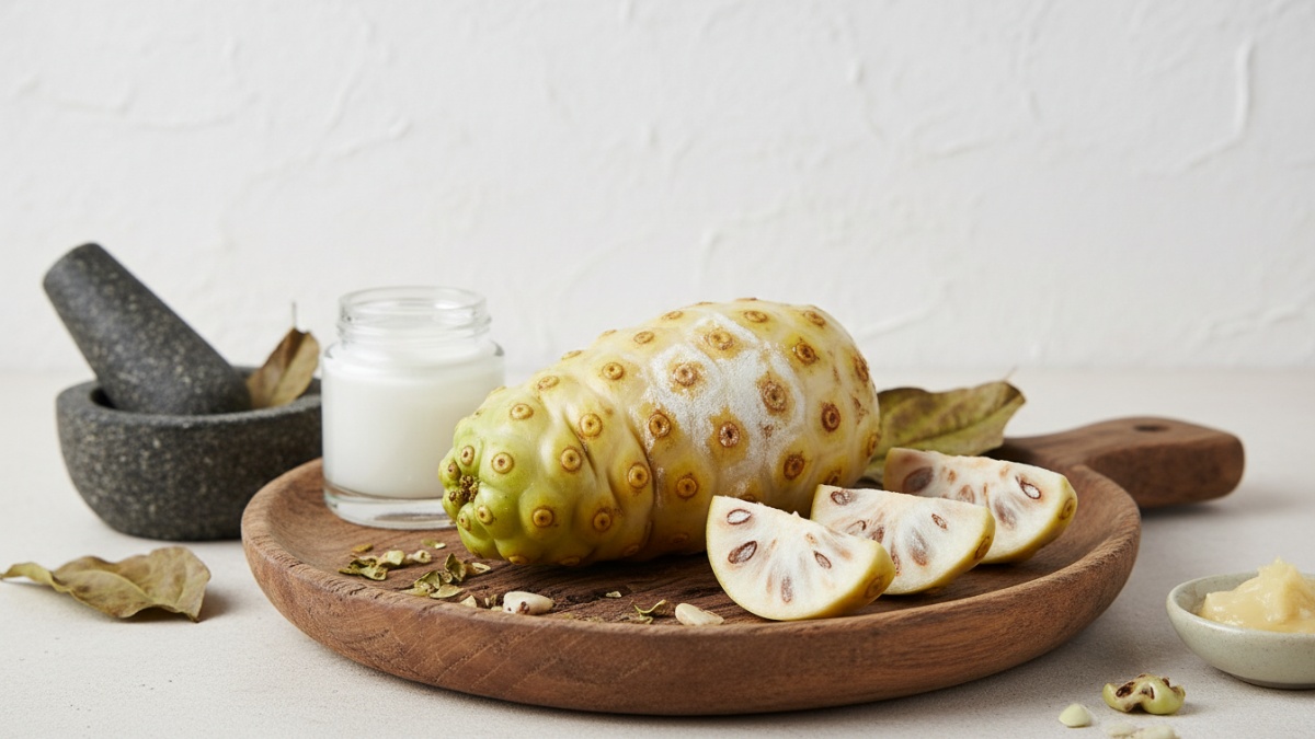 Buah mengkudu matang warna putih kekuningan sebagai bahan alami pendukung kecantikan dan kesehatan.