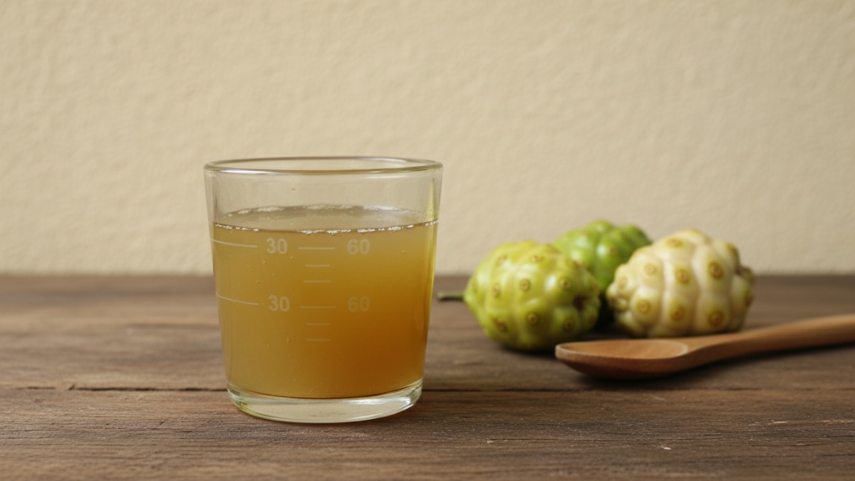 Jus mengkudu encer dalam gelas takaran 30&ndash;60 ml untuk dukung daya tahan tubuh.