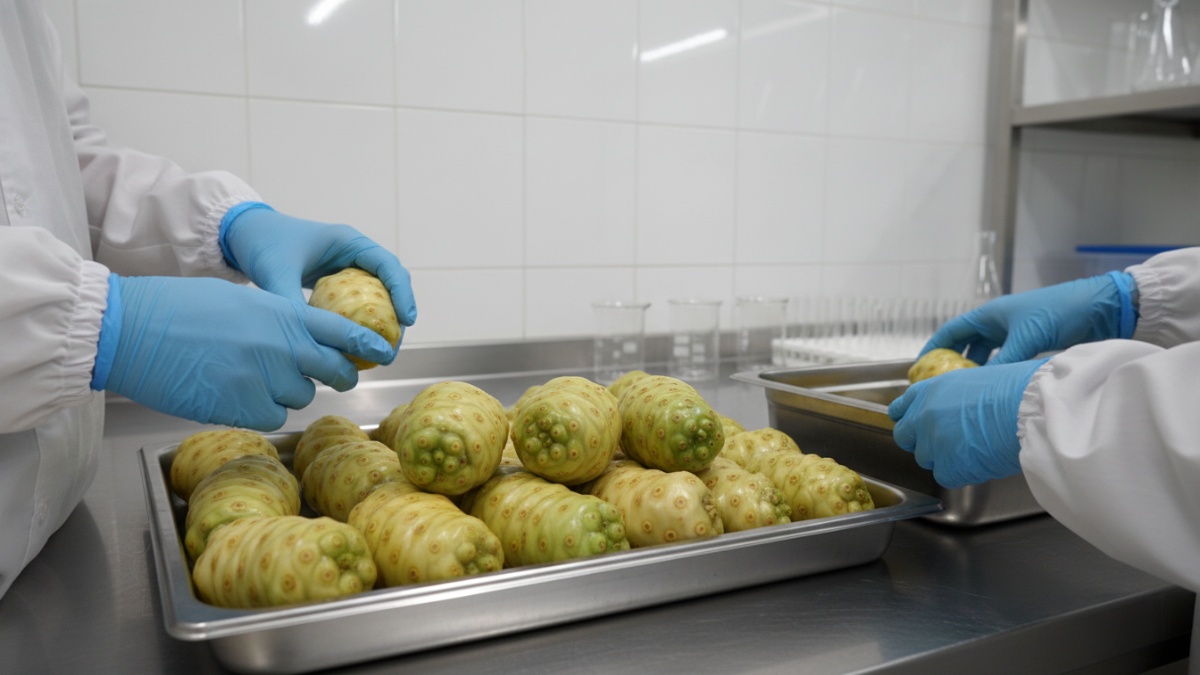 Proses pemilihan buah mengkudu matang dengan standar higienis sebelum diolah.