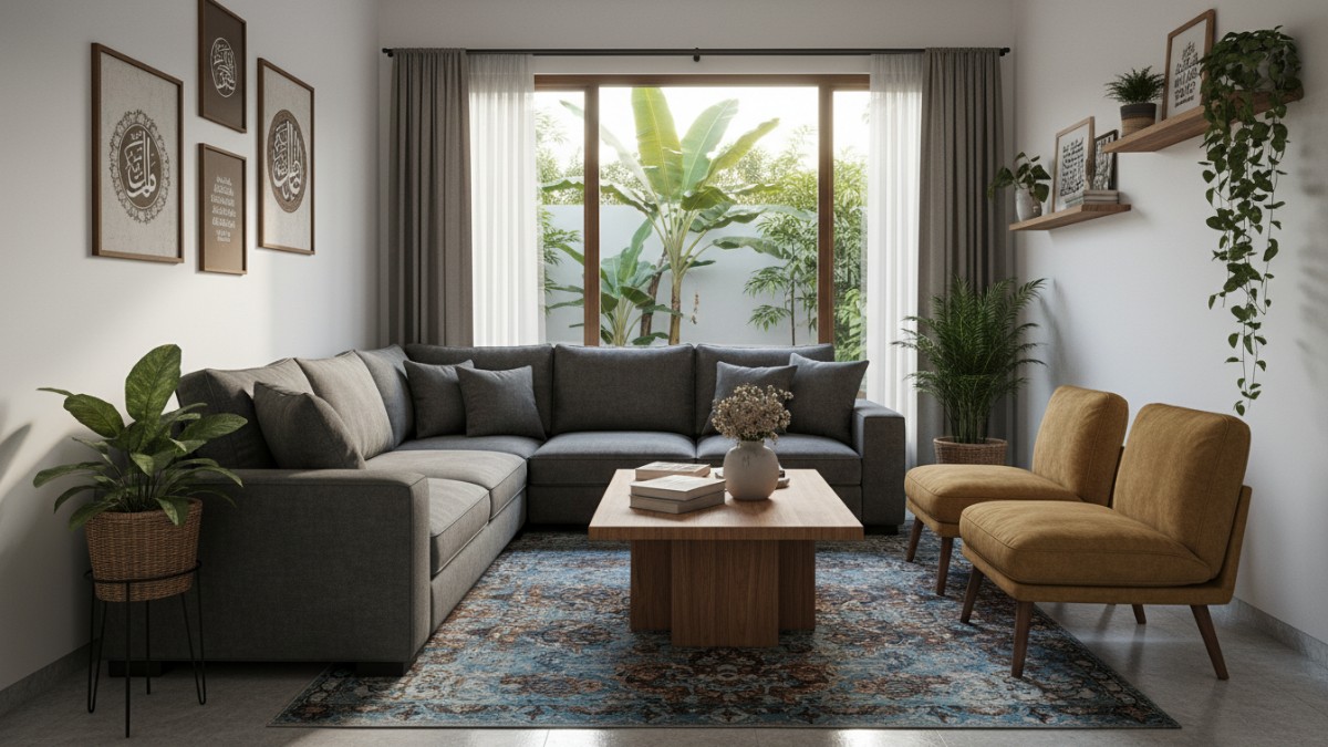 Sofa minimalis di ruang tamu kompak dengan komposisi lega dan jalur jalan jelas Cess
