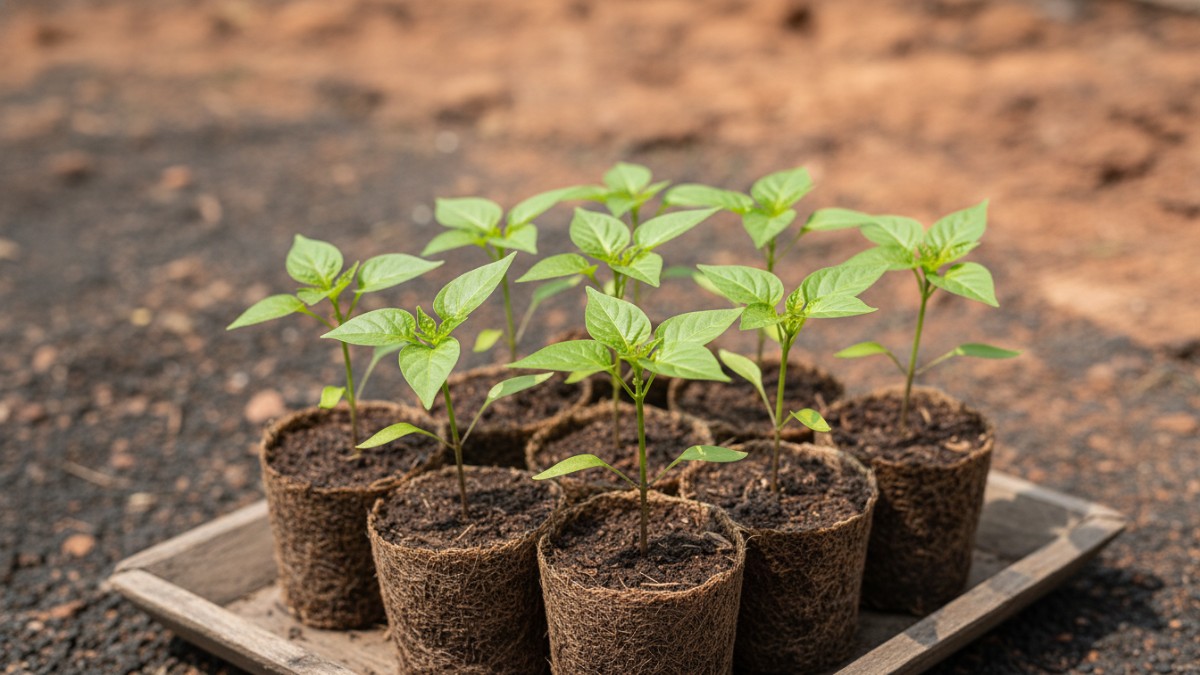 Bibit cabai merah usia 20 hari dengan 4&ndash;5 daun sejati siap pindah tanam.