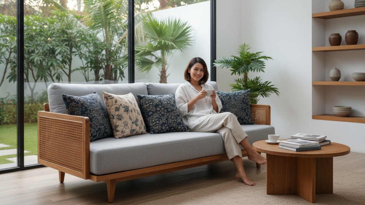 Ilustrasi ukuran ergonomi dudukan dan sandaran sofa minimalis Cess