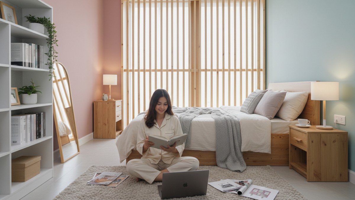 Ilustrasi kamar aesthetic perempuan dengan warna pastel terkontrol dan pencahayaan alami yang nyaman dilihat.