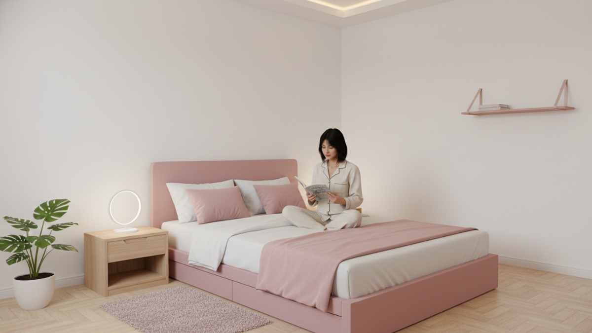 Komposisi warna 60-30-10 pada kamar 3x3 meter dengan dinding putih dan aksen soft pink.