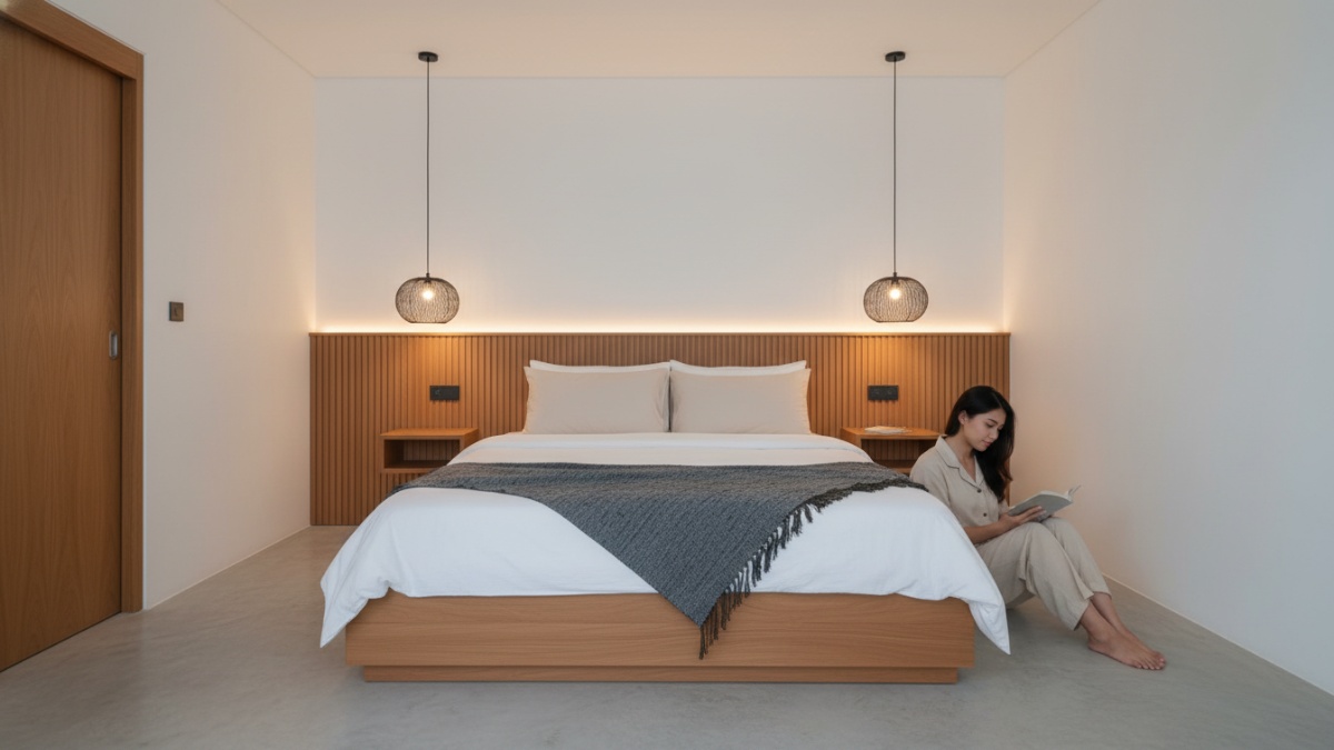 Tata letak tempat tidur 160x200 cm dengan ruang sirkulasi 60 cm di sisi ranjang