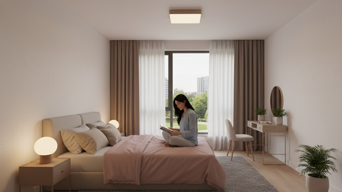Contoh pencahayaan kamar 150&ndash;300 lux dengan kombinasi lampu utama dan lampu meja.