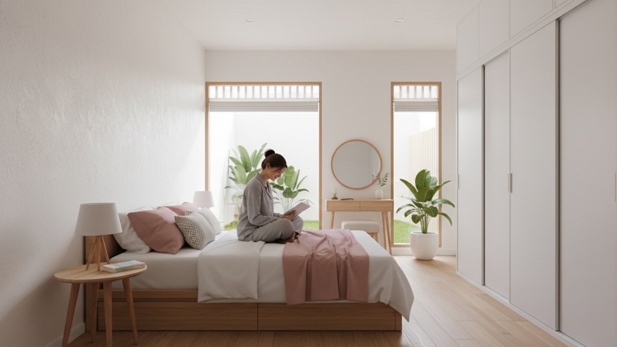 Kamar dengan dekorasi minimalis tanpa elemen berlebihan agar tidak terasa padat.