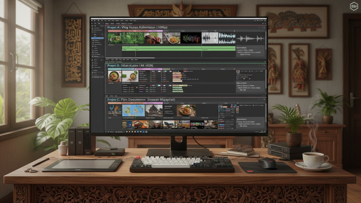 Tampilan timeline editing video yang menunjukkan kebutuhan spesifikasi berbeda tiap proyek.