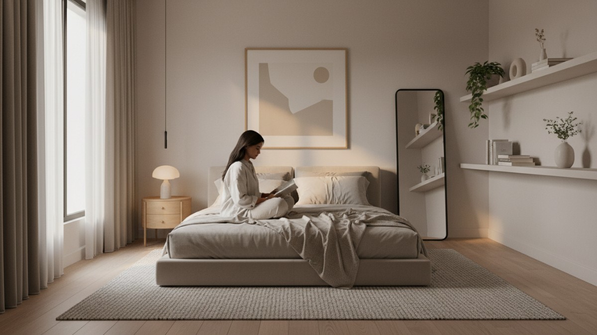 Ilustrasi interior dekorasi kamar aesthetic 3x3 meter dengan warna netral dan pencahayaan hangat terukur.