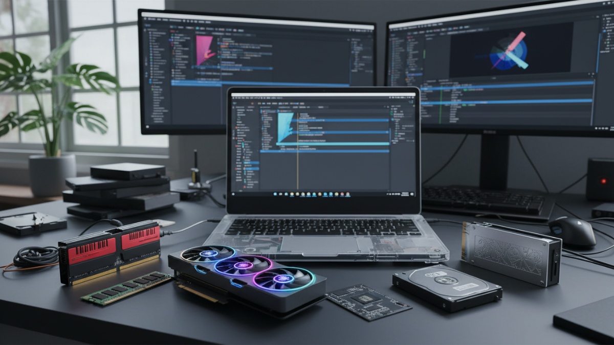 Perbandingan komponen laptop seperti RAM, GPU, dan SSD dalam proses editing.