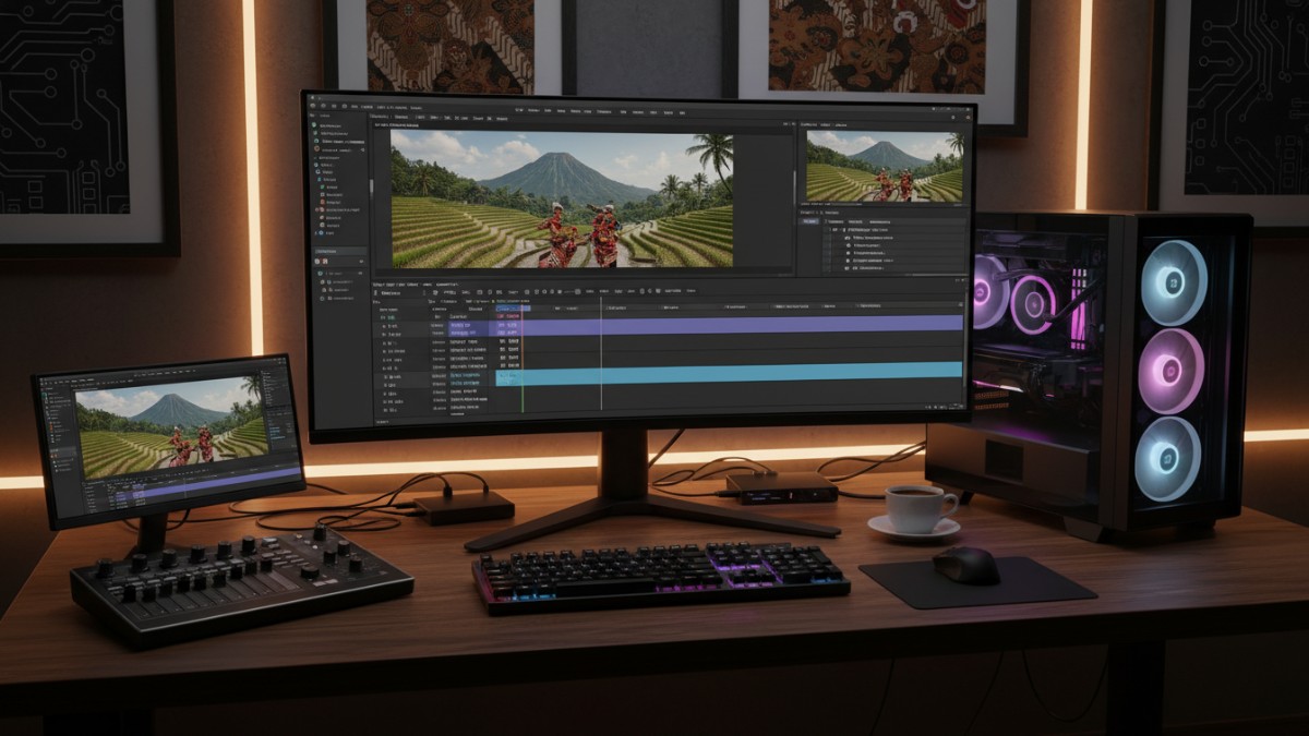 Visual workflow editing 4K dengan standar teknis perangkat modern.