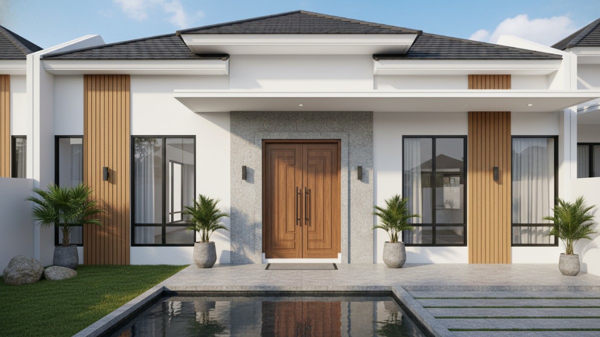 Gambar Utama: Tampilan fasad rumah dengan pintu minimalis 2 pintu proporsional dan modern
