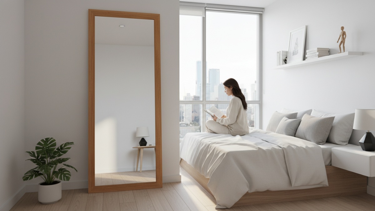 Cermin vertikal 150 cm sebagai focal point kamar tidur aesthetic ruang kecil.