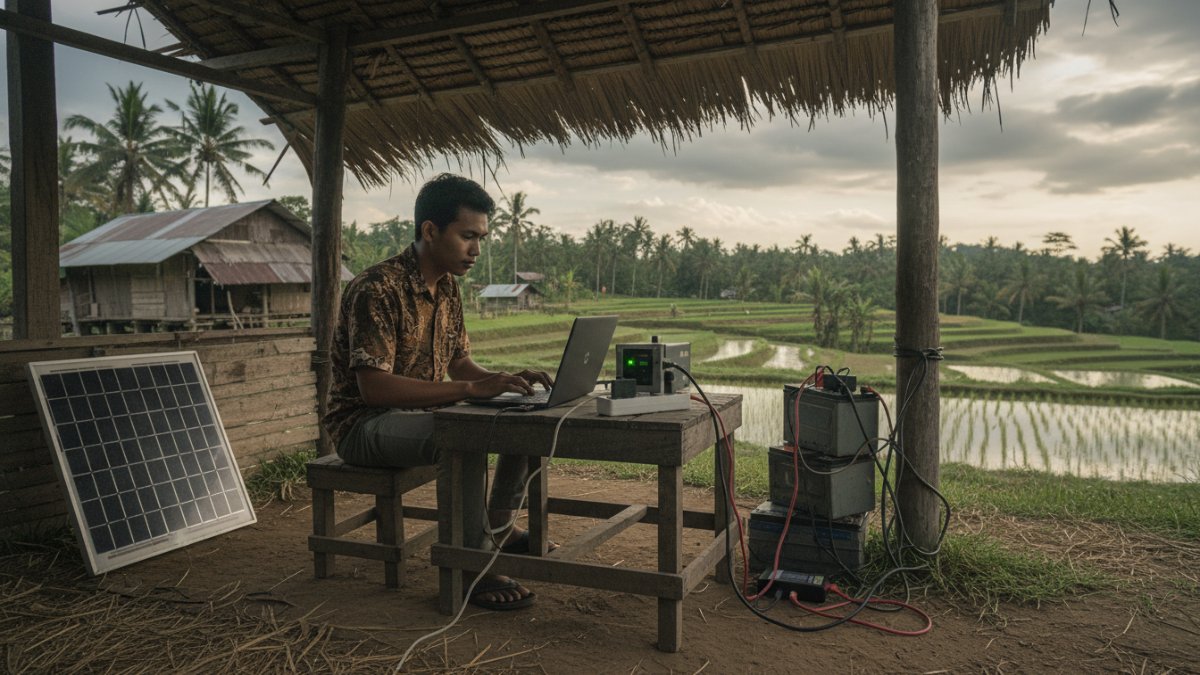 Kondisi penggunaan laptop di daerah dengan stabilizer dan penyimpanan cadangan.