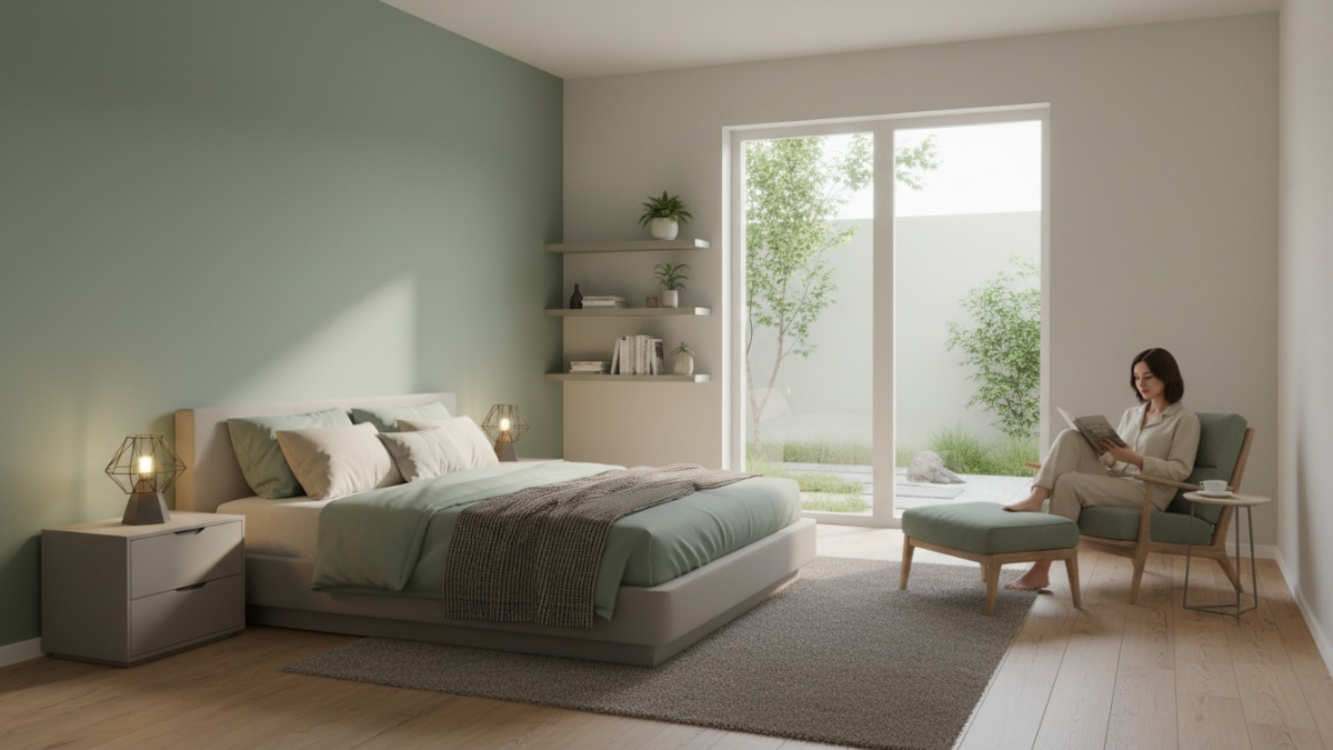 Skema warna 60-30-10 pada kamar aesthetic dengan kombinasi sage dan warm grey.