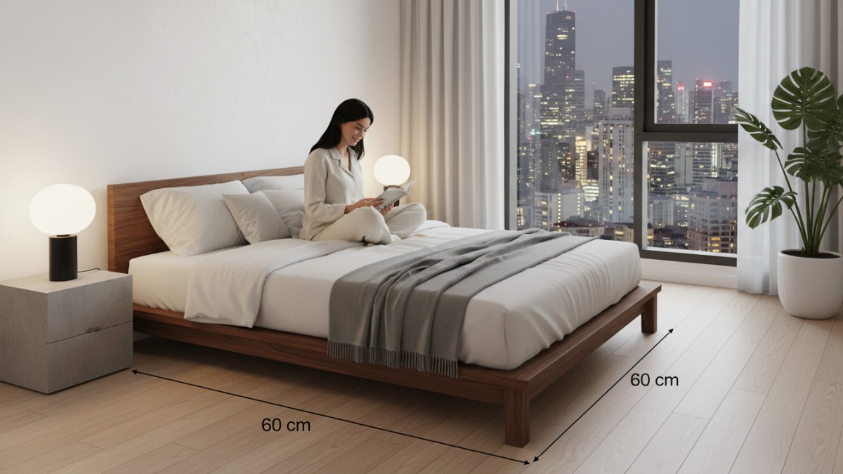 Tata letak tempat tidur 120x200 cm dengan ruang sirkulasi 60 cm.