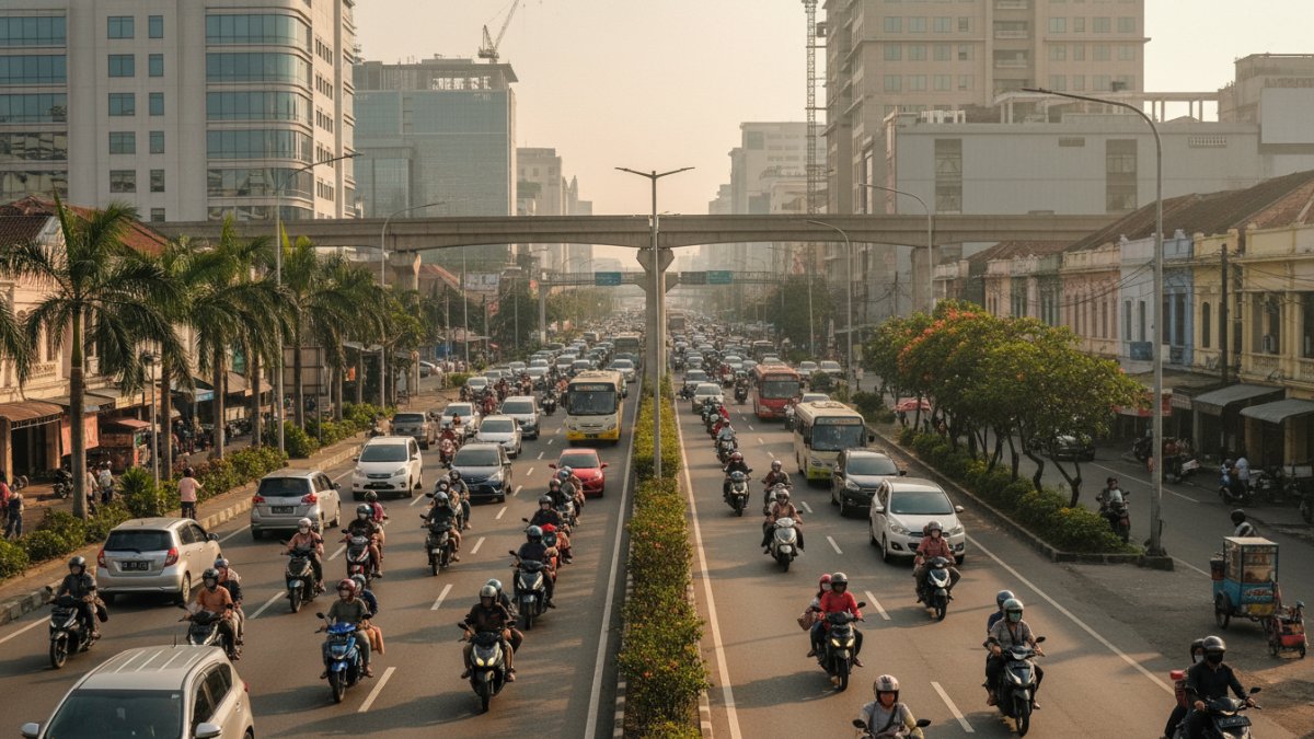 Aktivitas kendaraan di kawasan kota berkembang yang menunjukkan mobilitas harian masyarakat.