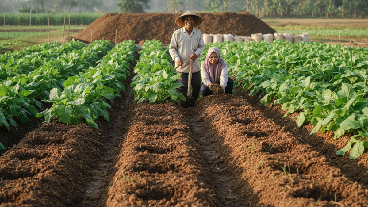 Lahan pertanian organik dengan kompos matang dan tanaman hijau subur, meningkatkan hasil panen tanpa merusak tanah.