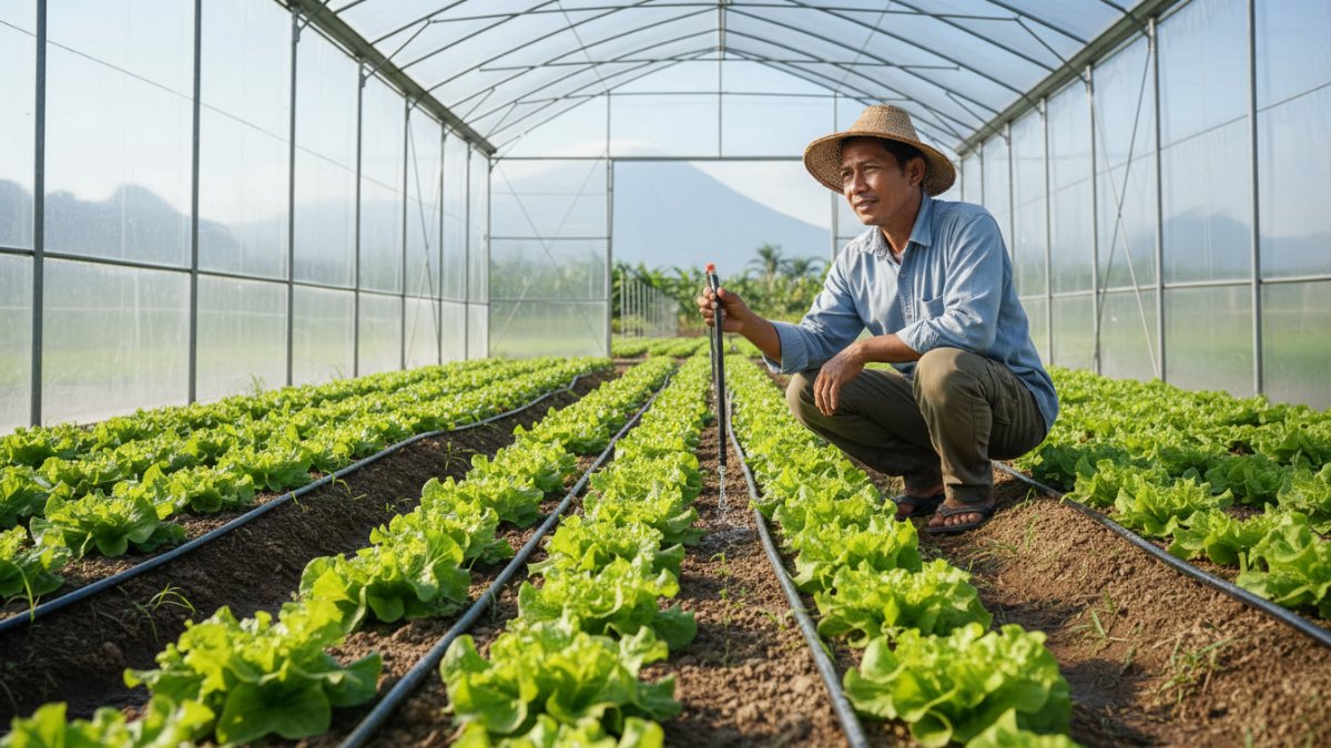 Sistem irigasi tetes pada tanaman selada organik dengan jarak tanam ideal.
