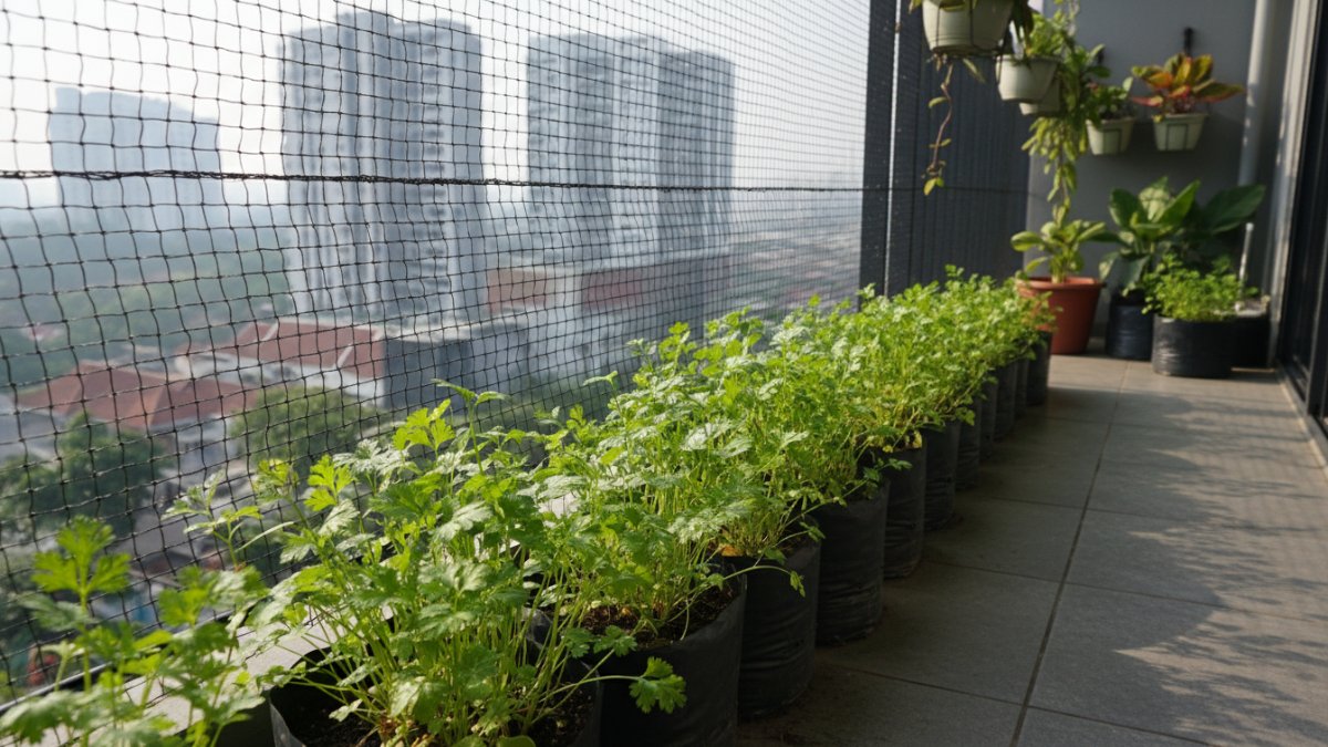 Polybag ketumbar terkena matahari pagi dengan paranet 50 persen di balkon.