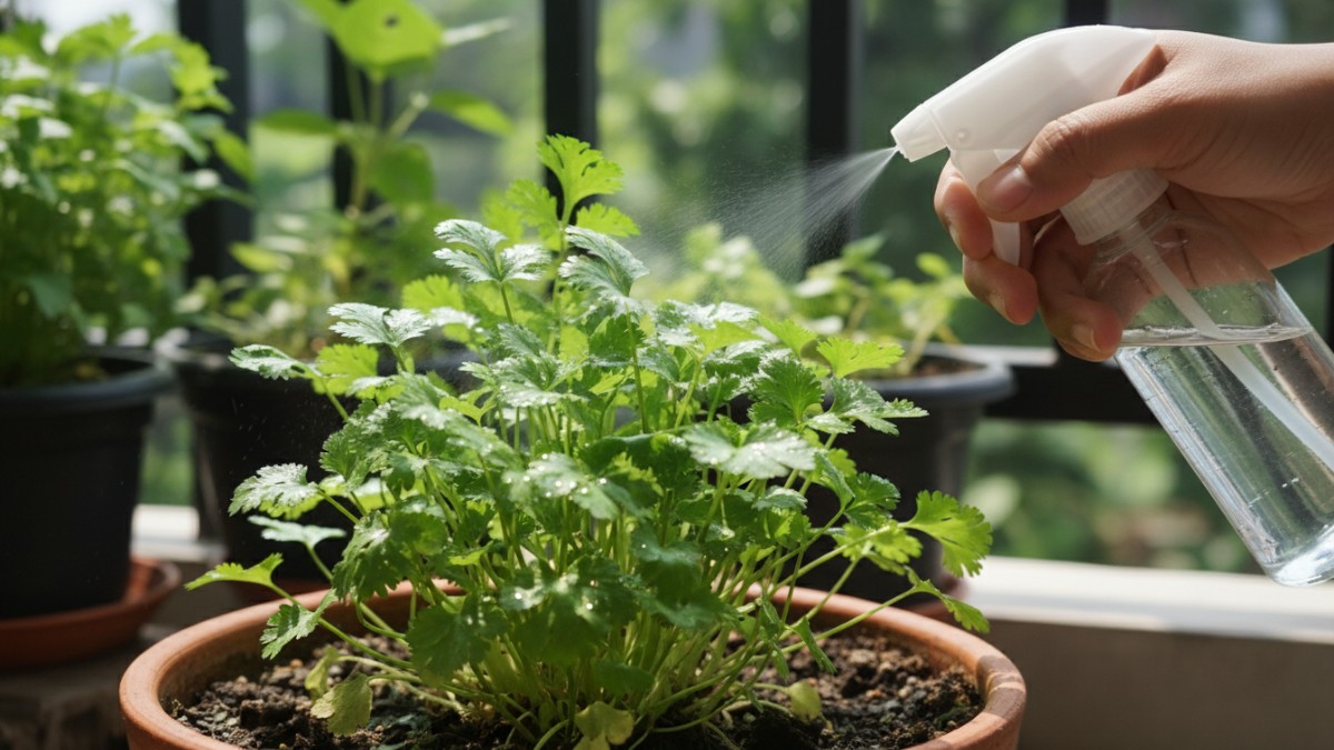 Penyemprotan neem oil pada tanaman ketumbar untuk cegah hama dan jamur.