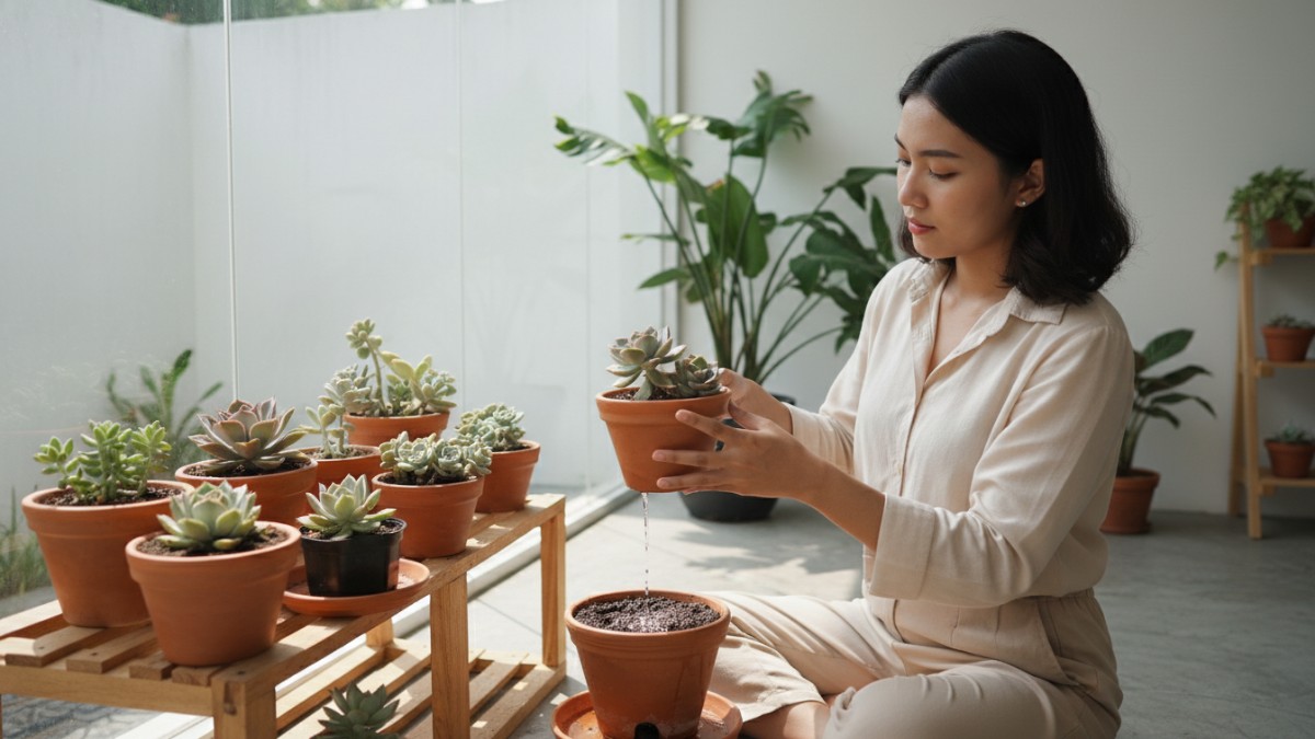 Ilustrasi angkat pot untuk cek berat sebelum siram sukulen indoor